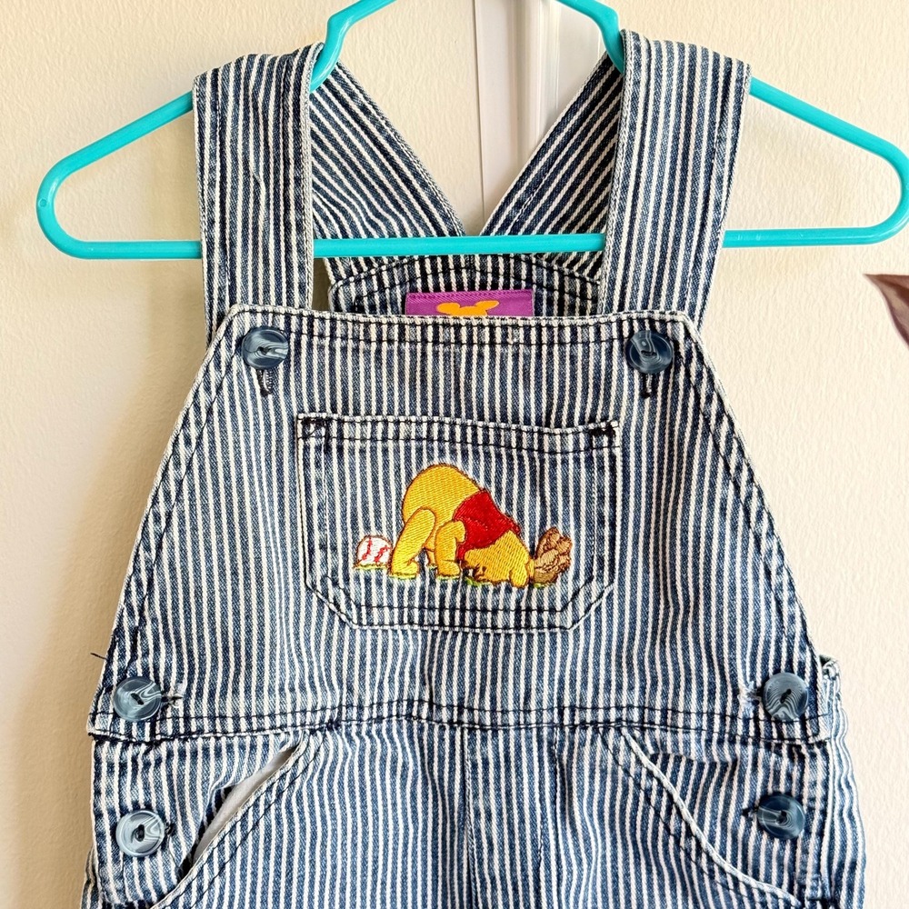 Vintage Disney Baby Overalls 18 Months Striped Denim Winnie the Pooh Baseball - Picture 2 of 11